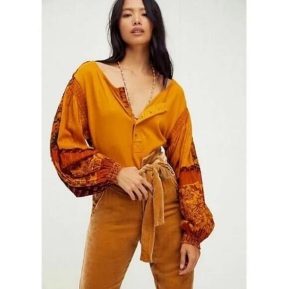 Free People Mustard Patchwork Balloon Sleeve Henley Top XS NWT - Picture 1 of 1